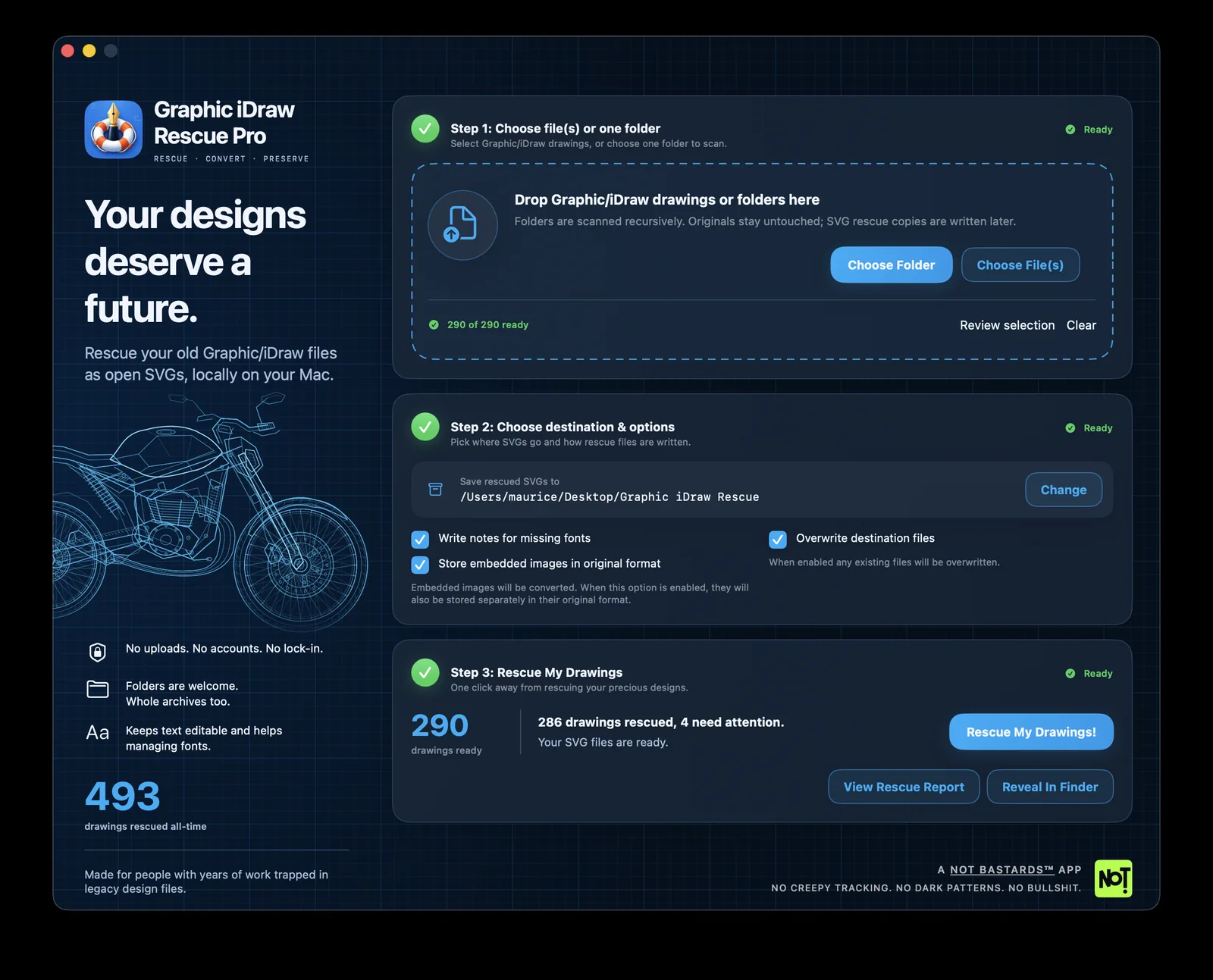 The app's main window: three steps, from choosing drawings to rescuing them